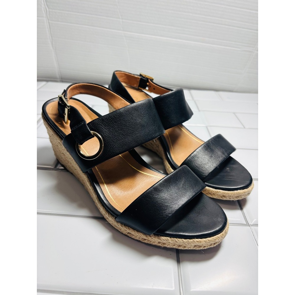 Vionic Tulum Vero Espadrilles Wedge Sandals Black Leather Jute Size 8 - Picture 5 of 13